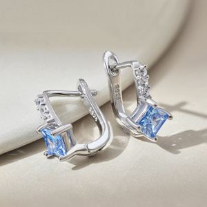 Dylam Sparkling Women Fine Jewelry Dress up Non Tarnish S925 <b>Silver</b> Blue Diamond Sapphire Square 5A Zirconia <b>Hoop</b> Earrings - Product Image 6