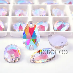 BOBOHOO Hot Sale Grade 3A Crystal Ab Teardrop Flatback Glass Sew On Rhinestones For Rhinestone Decoration