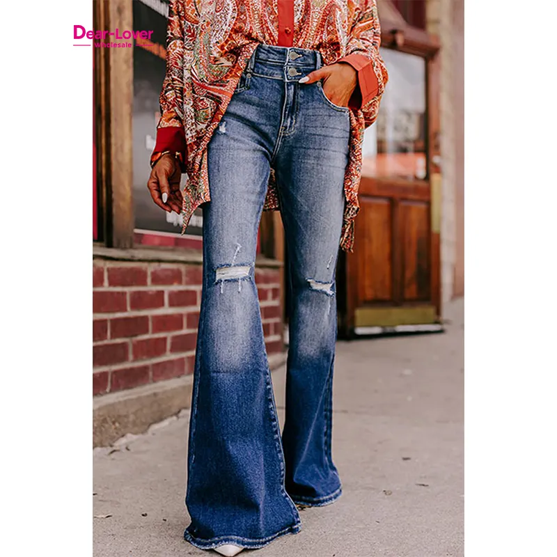 Dear-Lover Hot Selling Casual Denim Pants Ripped High Waist Flare Women's Jeans