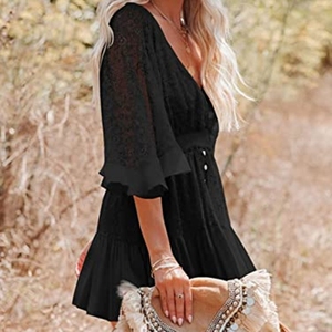 ชุดเดรสแฟชั่นแขนค้างคาวคอวีลูกไม้สำหรับผู้หญิงรุ่นใหม่ - Product Image 4