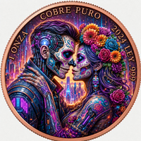 Pièce de monnaie en cuivre pur 1 oz 2024 - Couple de crânes de sucre Cyberpunk du Jour des Morts mexicain, Ley.999, objet d'art commémoratif et cadeau