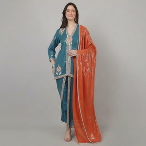 Vestido Tradicional Premium de 3 Piezas para Mujer, Azul y Naranja con Lentejuelas, Cuentas y Pedrería de Perlas para Eventos - Product Image 1