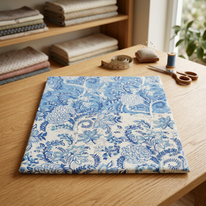 Tissu en coton imprimé à la main de Jaipur, style traditionnel indien, motif floral Jaal, base bleue et base blanche, vente en gros - Product Image 3