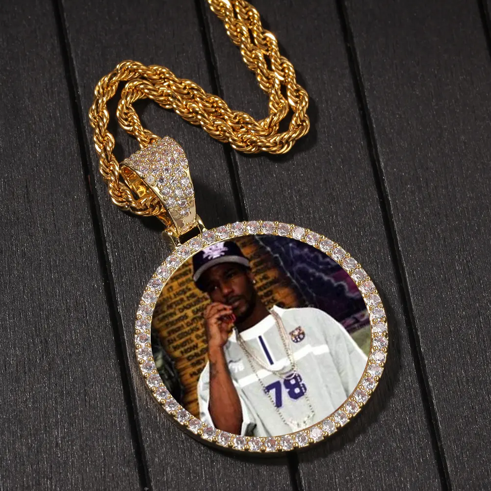 D & Z Liontin Solid Medali Memori Foto Kustom dengan Rantai Tenis Hip Hop Perhiasan Personalisasi Zirkon Kubik Hadiah Rantai