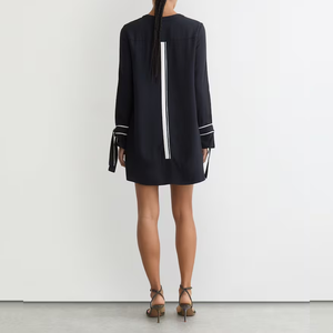 Abito da donna elegante <span class=keywords><strong>nero</strong></span> a maniche lunghe <span class=keywords><strong>con</strong></span> bordo a contrasto, scollo a goccia e polsini <span class=keywords><strong>con</strong></span> laccetti, casual per feste - Product Image 3