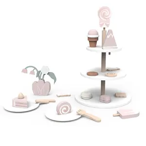 Wooden Teacup Teapot Kitchen Set Play House Simulation Desserts Three-Layer Cake Afternoon Tea Toy