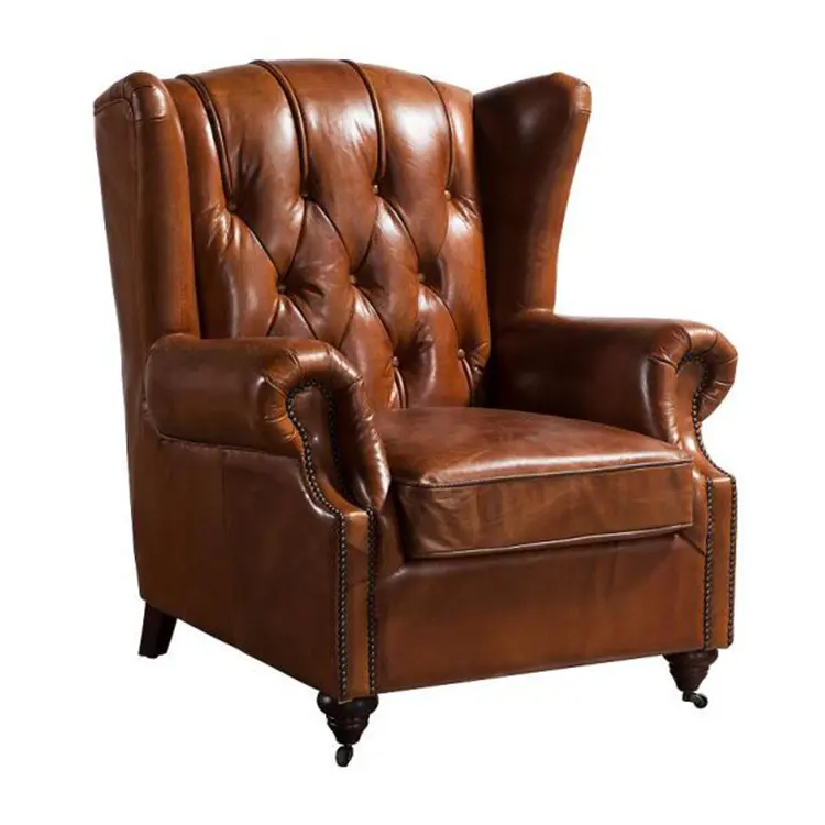 Vintage Wood Frame Tan Leather Wing Armchair Tufted Wingback Chair for Living Room