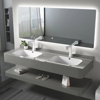 Ensemble de meubles-lavabos muraux modernes en pierre frittée de 140 cm avec évier, égouttoir et lampe à induction intégrée pour salle de bain - Vente en gros