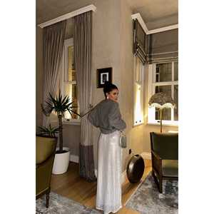 White Alexa Denim and <b>Silk</b> Pencil <b>Skirt</b> with Sequin Detail Midi Length Pleat Detail Workwear <b>Skirt</b> - Product Image 1