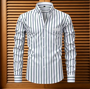 Nueva <span class=keywords><strong>Camisa</strong></span> de Moda para Hombre con Estampado a Rayas, Solapa, Cierre de un Botón, Manga Larga, Talla Grande, Corte Slim, Estilo Business - Product Image 1