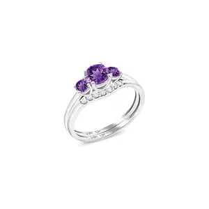 10K White Gold Purple Amethyst and White Lab Grown Diamond 3-Stone Bridal Engagement Wedding Ring Set For Women