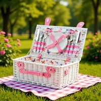 Panier de pique-nique en osier tressé écologique avec vaisselle complète et doublure en coton pour le camping, la plage, les voyages et les sorties en famille