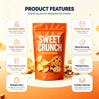 Sachets refermables durables multi-tailles avec fermeture éclair, personnalisables par impression couleur et gaufrage pour l'emballage alimentaire et du sucre