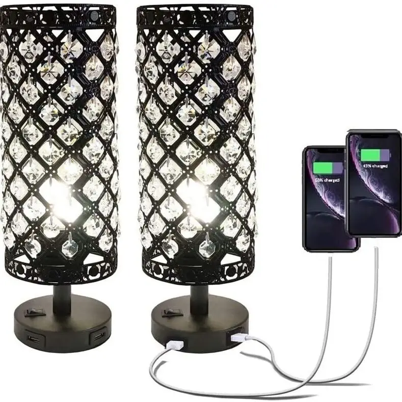 Touch Control Crystal Table Lamp Set of 2 Bedside Nightstand Lamps with 2 USB Charging Ports, 3-Way Dimmable, K9 Crystal Decorat