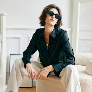 Top di camicette di camicie di <span class=keywords><strong>seta</strong></span> di gelso puro 100% con logo personalizzato allentato nero con maniche lunghe - Product Image 3