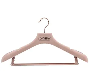 YT 2020 wholesale customized pink velvet flocked anti-slip plastic dress coat clothes hanger with trousers bar