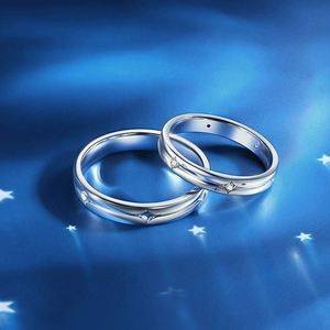 Bagues de couple plaquées platine, brillantes, étoilées, pour homme et femme, romantiques, de mariage, ajustables, ouvertes, avec zircon brillant - Product Image 2