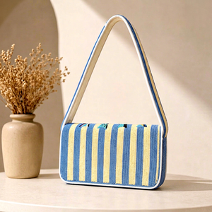 Handmade Blue Yellow Striped Cotton Embroidered Starfish Rectangular <b>Handbag</b> - Product Image 1