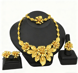 두바이 합금 보석 세트 여성 24K 골드 컬러 아프리카 목걸이 귀걸이 인도 나이지리아 신부 결혼 기념일 파티 선물 - Product Image 3