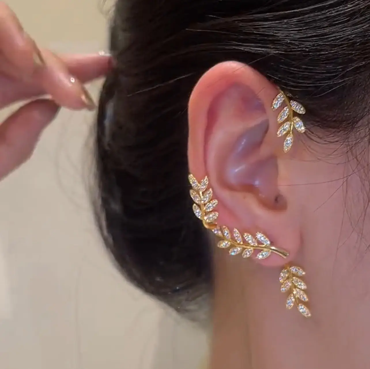 Thời Trang Vàng Bạc Màu Cubic Zirconia Jewelry Non-piercing Pha Lê Leaf Ear Clips Trên Bông Tai Cuff Cho Phụ Nữ