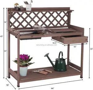 Potting Bench with PVC Layer, Sink, Lid, Gardening Work Bench Wooden Planting Table Outdoor with Storage, Drawer, Shelf, Hook