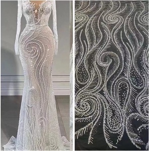 Di lusso <span class=keywords><strong>bianco</strong></span> perline di pizzo da sposa tessuti in <span class=keywords><strong>Tulle</strong></span> con paillettes lucide per abito stile europeo HY1961 - Product Image 1