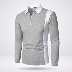 Polo à manches longues pour homme avec blocs de couleur et fermeture éclair, haut tricoté décontracté gris et blanc, design uni, tissu respirant - Product Image 2