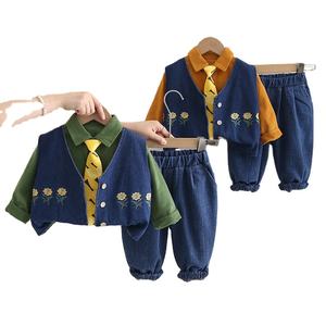 Qingli Logo personnalisable décontracté coton à manches longues chemise trois pièces ensemble Shorts haute qualité garçon motif floral enfants tenue - Product Image 1