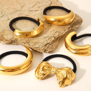 Élastique à cheveux double couche en caoutchouc, style Ins, en acier inoxydable plaqué or 18 carats, surface miroir de haute qualité, avec nœud incurvé et motif lune - Product Image 3