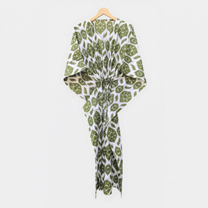 Women Green Ikat Satin <b>Kimono</b> Robe V Neck <b>Long</b> <b>Sleeve</b> Full Length Drawstring Cover Up - Product Image 1