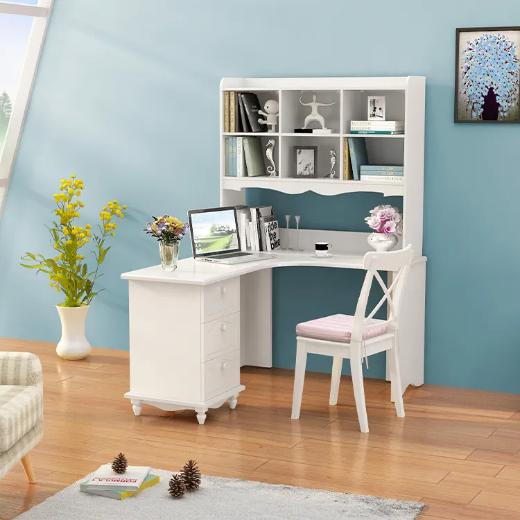 Escritorio de estudio de lujo de estilo francés con estantes, estantería de diseño para chicas, madera en forma de L, esquina de ordenador, mesa de casa