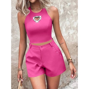 ชุดเซ็ต 2 ชิ้น เสื้อแขนกุดลายหัวใจ กางเกงขาสั้นสีพื้น สำหรับวันวาเลนไทน์ แฟชั่นสำหรับผู้หญิง - Product Image 5