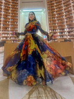 Robes de soirée formelles à col haut en tulle à manches évasées imprimées tie-dye pour filles Robes à ourlet asymétrique Robes élégantes de longueur de plancher