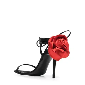 Customized Low MOQ Summer Fashionable And Comfortable Rose Decorative High Heels Sexy Red Flower Lace Up Strap Women Sandals