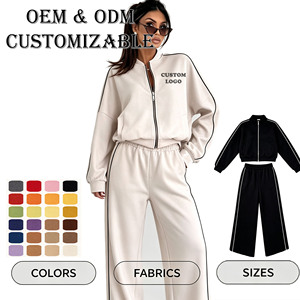Ensemble de survêtement pour <span class=keywords><strong>femme</strong></span> avec passepoil contrastant, veste bomber zippée et pantalon large élastique, 2 pièces assorties pour le sport quotidien - Product Image 1