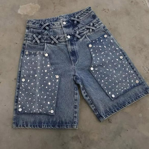 Baggy Jorts personnalisés lourds de haute qualité à impression DTG, shorts amovibles et réversibles pour les genoux, jorts <span class=keywords><strong>en</strong></span> denim à double taille et strass - Product Image 5