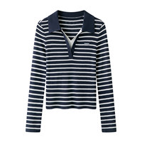 Haut en tricot à col polo rayé pour femme, effet deux pièces, nouvelle collection automne, pull slim à manches longues et couleurs contrastées 2610-33b