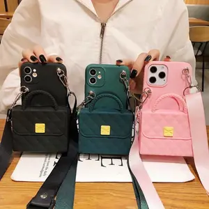 Phones accessories pink rubber strap lanyard crossbody handbag shaped mobile cell phone case bag with wallet for lady