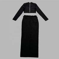 Ensemble Robe Bandage Chic Noir Deux Pièces pour Femme : Haut à Manches Longues Orné de Fleurs et de Diamants & Jupe Moulante à Effet Bandage – Vente en Gros