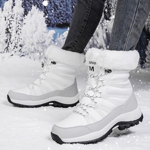 Bottes d'hiver mi-mollet avec col en fourrure, lacets, semelle épaisse antidérapante, doublure chaude en peluche, pour l'extérieur par temps froid - Product Image 2