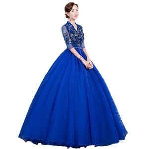 Blue Tulle Ball Gown V-neck Empire Waist Floral Print Evening Dress for Women - Product Image 4