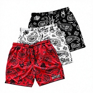 Shorts de basketball pour hommes à imprimé cachemire, séchage rapide, style urbain, taille à cordon, rouge, noir, blanc - Product Image 1