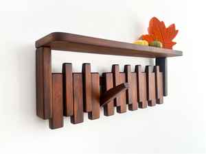 Perchero de Madera Maciza con Estante, Ganchos para Abrigos Montados en la Pared, Color Nogal, Estante Flotante Rústico para la Entrada, Decoración Otoñal - Product Image 2