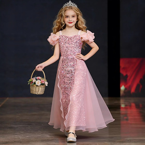 Robe de bal à paillettes pour filles, jupe en tulle vert, décolleté en cœur, robe de princesse pour enfants, robe de mariage longue, tenue de cérémonie - Product Image 4