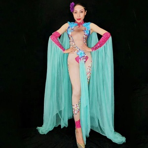 Elf Fata Fiore Del <span class=keywords><strong>Costume</strong></span> Moderno Femminile Cantante di Nightclub Tuta Dj Strass a Mano Del Manicotto Del Mantello Del Gogo Vestito Fase Costumi - Product Image 3