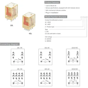 48V tiếp sức 2zl loạt điện tử điện từ tiếp sức dẫn đèn 48V DC tiếp sức 5A/8A 8/14pins cuộn dây dpdt/4pdt AC220V xe tiếp sức 12V