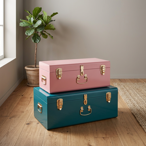 Minimalist <b>Chest</b> Metal <b>Storage</b> Trunk Rectangular Pink and Teal Stacking Design Glossy Finish Minimalist Style for Sundries - Product Image 1