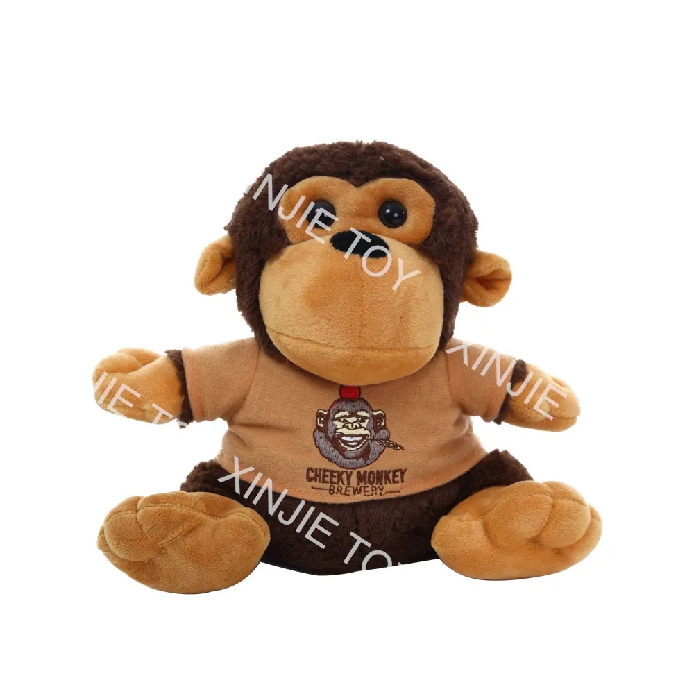 Jouet en peluche personnalisé avec singe en position assise, T-shirt en peluche marron, poupée petit singe, jouets pour enfants, jouet en peluche avec singe de dessin animé