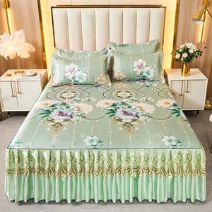 I-0216 Ice <b>Silk</b> Bedsheet Lace Summer Mat Parisian Style Sea of Flowers 3 Pieces 2 Pillow Cases+bed Skirt Sets - Product Image 2