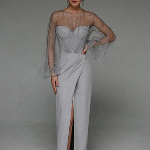 Abito da Sposa Ingrosso a Basso Costo di Alta Qualità Grigio Perla Sexy Senza Spalline con <span class=keywords><strong>Maniche</strong></span> <span class=keywords><strong>Lunghe</strong></span> a Spalle Scoperte e Fasciatura sui Fianchi - Product Image 3